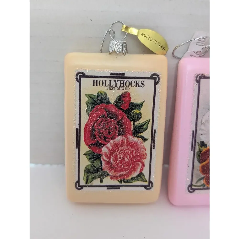 Vintage Seed Packet Glass Ornaments Set Hollyhocks Pansy Marigold Garden Decor